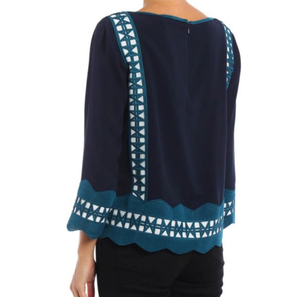 Tory Burch Navy Blue Green and White Silk Blouse - Picture 3 of 14